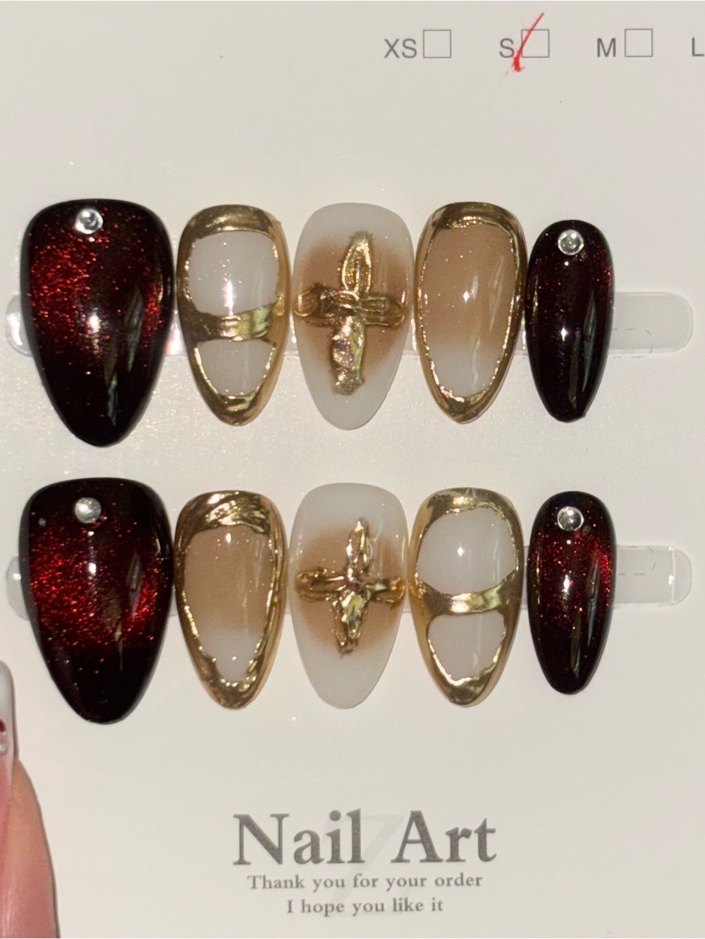Gold Accent Burgundy Red & Nude Press-On Nail Set